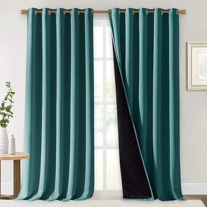 NICETOWN Total Shade Curtains and Draperies, Sea Teal, Package of 2, 62 inches Wide x 95 inches, LongHeavy-Duty Full Light Shading Drapes with Black Liner Backing for Villa/Hall/Dorm Window