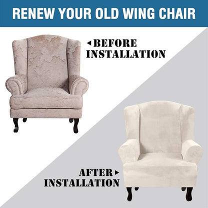 H.VERSAILTEX Wingback Chair Covers Velvet Plush Wing Chair Slipcover 1 Piece High Stretch Wing Back Chair Slipcovers Sofa Cover Furniture Cover with Elastic Bottom, Ivory