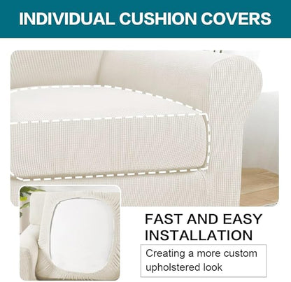 Turquoize 2 Piece Chair Covers Armchair Slipcovers for Living Room Armchair Sofa Cover with Individual Cushion Covers Feature Jacquard Fabric (Chair, Porcelain)