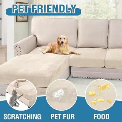 H.VERSAILTEX Velvet Stretch Sectional Couch Covers 4 Pieces Sofa Seat Cushion Covers L Shape Separate Couch Cover for Both Left/Right Sectional Couch (Large Sofa 3 Seater + 1 Chaise, Cream)