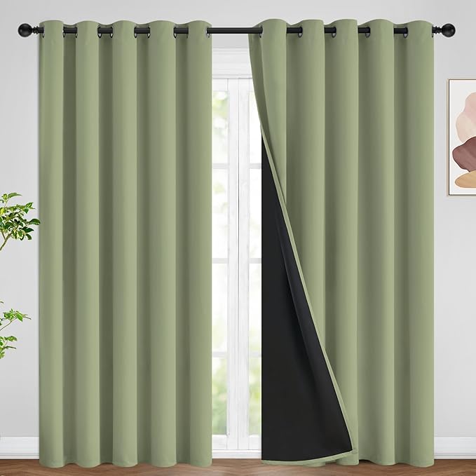 SimpleHome 100% Blackout Curtains for Bedroom,Thermal Insulated Sage Grommet Window Drapes Room Darkening Curtains for Living Room with Black Back,62 x 84 Inch,2 Panels
