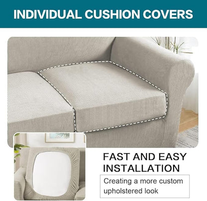 Turquoize 4 Piece Sofa Covers for 3 Cushion Couch Sofa Slipcover Soft Couch Cover for Dogs Washable Furniture Cover with 3 Individual Large Cushion Covers Feature Fabric (Large Sofa, Island Fossi)