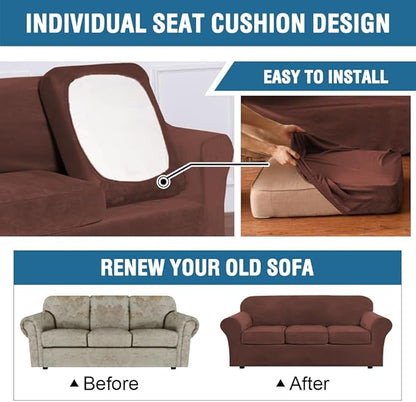 H.VERSAILTEX Real Velvet Plush 3 Piece Stretch Sofa Covers Couch Covers for 2 Cushion Couch Loveseat Covers Width Up to 72 Inch Feature Thick Soft Stay in Place (Medium Sofa, Burnt Brick)