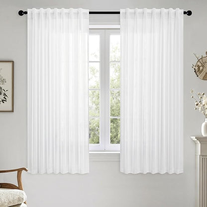 MIULEE White Linen Curtains Short 48 Inch Long 2 Panels for Kitchen Bedroom, Soft Thick Linen Textured Window Drapes Semi Sheer Light Filtering Back Tab Rod Pocket Burlap Look Decor
