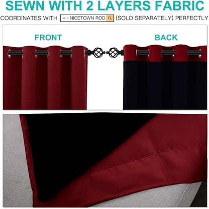 NICETOWN Truly Blackout Drapes for Living Room, Heavy-Duty Full Light Shading Curtain Set with Black Liner Backing for Villa/Hall/Dorm Window（Burgundy Red, Set of 2, 70 inches Wide x 95 inches Long