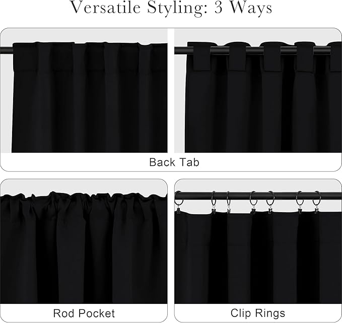PONY DANCE Small Blackout Curtains for Kitchen Curtain Set - Nursery Short Drapes Panels Window Treatments Light Blocking Drapes for Bathroom, 42 Wide by 30 Inches Long, Black, 2 Panels