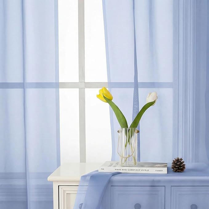 Lecloud Denim Blue Sheer Curtains 63 Inch Length 2 Panels, Light Filtering Voile Bedroom Curtains with Rod Pocket, Airy Farmhouse Window Drapes for Living Room Dining Room, Each Panel 42" W x 63" L