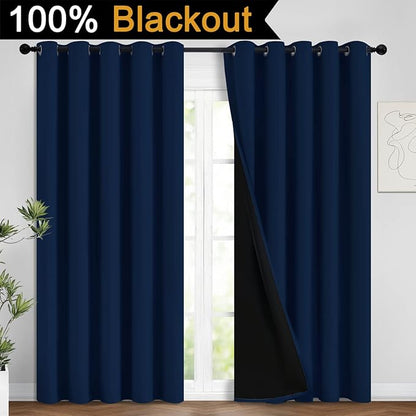 Yakamok Navy Blue 100% Blackout Curtains Energy Saving Thermal Insulated 2 Thick Layers Completely Blackout Drapes with Black Liner for Bedroom (62Wx96L, Navy Blue, 2 Panels)