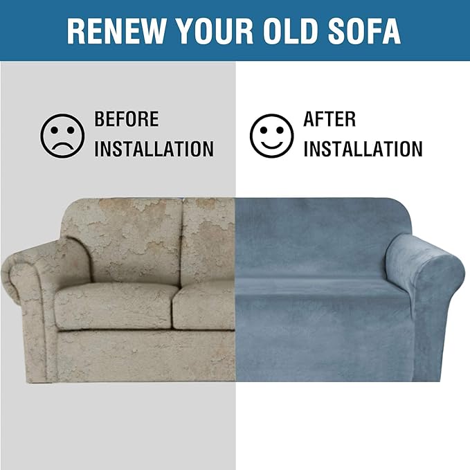 H.VERSAILTEX Stretch Velvet Sofa Covers for 3 Cushion Couch Covers Sofa Slipcovers Furniture Protector Soft with Non Slip Elastic Bottom, Crafted from Comfy Rich Velour (Sofa 72'-90', Stone Blue)