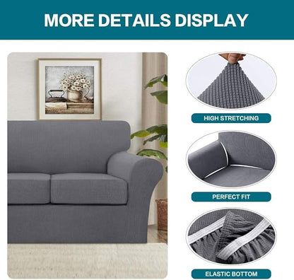 Turquoize 4 Piece Sofa Covers for 3 Cushion Couch Sofa Slipcover Soft Couch Cover for Dogs Washable Furniture Cover with 3 Individual Large Cushion Covers Feature Fabric (Large Sofa, Charcoal Gray)