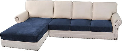 H.VERSAILTEX Velvet Stretch Sectional Couch Covers 4 Pieces Sofa Seat Cushion Covers L Shape Separate Cushion Couch Chaise Cover for Both Left/Right Couch (Large Sofa 3 Seater + 1 Chaise, Navy)