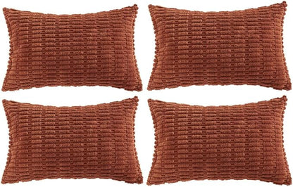 Fancy Homi 4 Packs Rust Decorative Throw Pillow Covers 12x20 Inch for Living Room Couch Bed Sofa, Terracotta Rustic Farmhouse Boho Home Decor, Soft Plush Striped Corduroy Square Cushion Case 30x50 cm