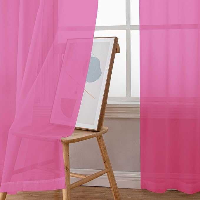 Simplebrand Hot Pink Short Sheer Curtains 45 Inch Length for Small Windows, Rod Pocket 2 Panels Set Solid Voile Drapes Window Sheer Curtains for Bedroom Bathroom Kids Room Kitchen, 42x45 Inch
