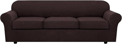 H.VERSAILTEX 4 Piece Stretch Sofa Covers for 3 Cushion Couch Covers for Living Room Furniture Slipcovers (Base Cover Plus 3 Seat Cushion Covers) Thicker Jacquard Fabric (Large Sofa, Chocolate)