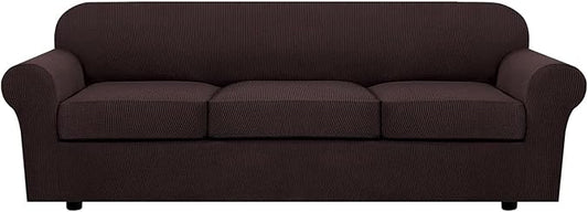 H.VERSAILTEX 4 Piece Stretch Sofa Covers for 3 Cushion Couch Covers for Living Room Furniture Slipcovers (Base Cover Plus 3 Seat Cushion Covers) Thicker Jacquard Fabric (Large Sofa, Chocolate)