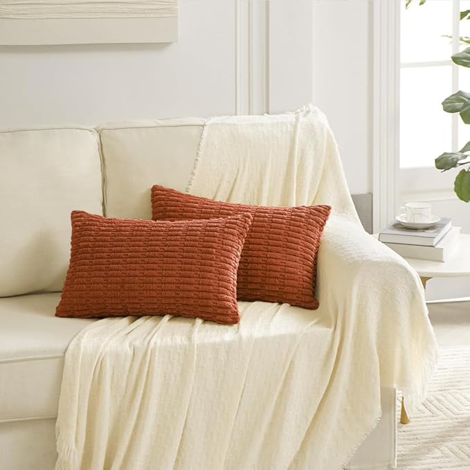 Fancy Homi 4 Packs Boho Burnt Orange Fall Decorative Throw Pillow Covers 12x20 Inch for Couch Bed Sofa, Rustic Modern Farmhouse Home Decor, Soft Plush Corduroy Cute Square Cushion Case 30x50 cm