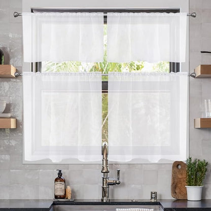 SpaceDresser Sheer White Vanlance for Windows 2 Panels, Small Kitchen Curtain for Bathroom Living Room Bedroom Cafe Rod Pocket Voile Drapes(White, 52W x 18L)