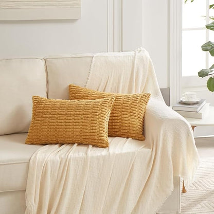 Fancy Homi 4 Packs Mustard Yellow Decorative Throw Pillow Covers 12x24 Inch for Living Room Couch Bed Sofa, Rustic Farmhouse Boho Home Decor, Soft Plush Striped Corduroy Square Cushion Case 30x60 cm