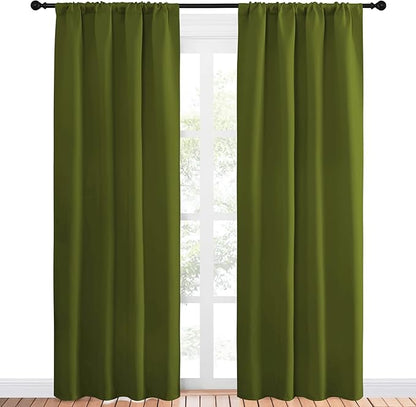 NICETOWN Christmas Decoration Blackout Curtain for Kitchen Window, Function Thermal Insulated Blackout Panels for Bedroom, 1 Pair, Olive Green, Rod Pocket Style, 42 by 84 inches
