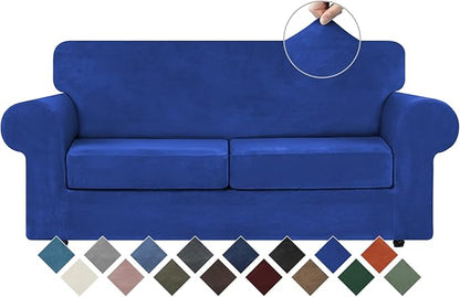 WEERRW Velvet Couch Covers for 2 Cushion Couch Sofa - High Stretch Luxury Velvet Plush 3 Pieces Sofa Slipcovers with Elastic Bottom, Furniture Protector for Pets, Machine Washable, Royal Blue, Medium