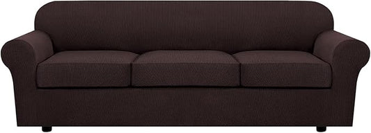 H.VERSAILTEX 4 Piece Stretch Sofa Covers for 3 Cushion Couch Covers for Living Room Furniture Slipcovers (Base Cover Plus 3 Seat Cushion Covers) Upgraded Thicker Jacquard Fabric (XL Sofa, Chocolate)