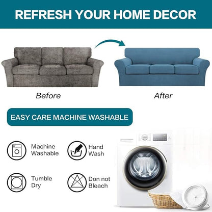 Turquoize 4 Piece Sofa Covers For 3 Cushion Couch Sofa Slipcover Soft Couch Cover For Dogs-Washable Sofa Furniture Covers With 3 Individual Cushion Covers, Jacquard Fabric (3 Cushion Sofa, Dusty Blue)