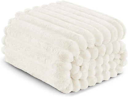 Exclusivo Mezcla Twin Size Flannel Fleece Blanket, Super Soft Striped Jacquard Bed Blanket, Lightweight Fuzzy Cozy for All Seasons, 60x80 Inches, Ivory