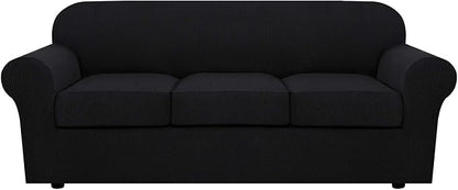H.VERSAILTEX 4 Piece Stretch Sofa Covers for 3 Cushion Couch Covers for Living Room Furniture Slipcovers (Base Cover Plus 3 Seat Cushion Covers) Upgraded Thicker Jacquard Fabric (Large, Black)