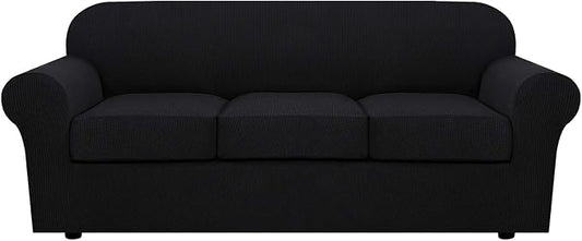 H.VERSAILTEX 4 Piece Stretch Sofa Covers for 3 Cushion Couch Covers for Living Room Furniture Slipcovers (Base Cover Plus 3 Seat Cushion Covers) Upgraded Thicker Jacquard Fabric (Large, Black)