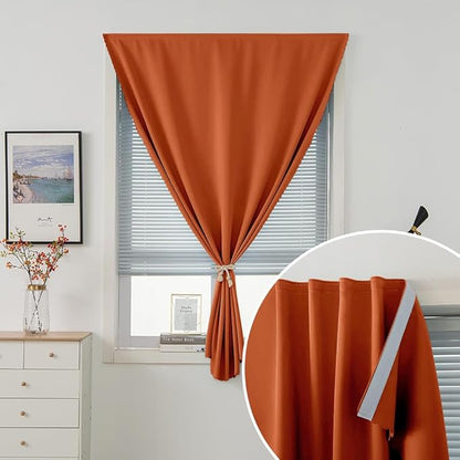 Self Adhesive Curtains Portable Blackout Curtain Simple and Easy to Install Bedroom Window Thermal Lnsulated Kitchen Room Darkening Black Small Drapes, 35" W X 79" L, Orange, 1 Panel