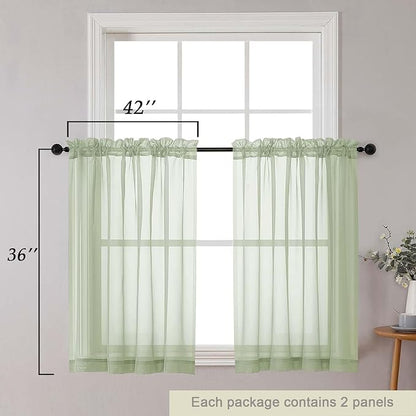 Cafe Curtains 36 Inch Length Tier 2 Pieces, Modern Soft Airy Sheer Kitchen Short Curtains for Small Window, Rod Pocket Small Curtain for Bathroom Basement, Light Green, 42" Wx36 L Inches