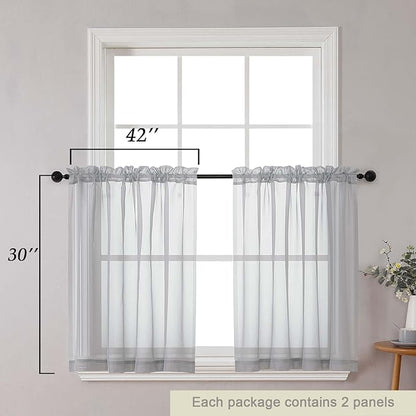Light Grey Kitchen Curtains 30 Inch Length Tier 2 PCS, Solid Soft Half Curtains for Windows, Light Grey Sheer Rod Pocket Drapes for Bathroom Basement Small Window Curtain, 42" Wx30 L Inches