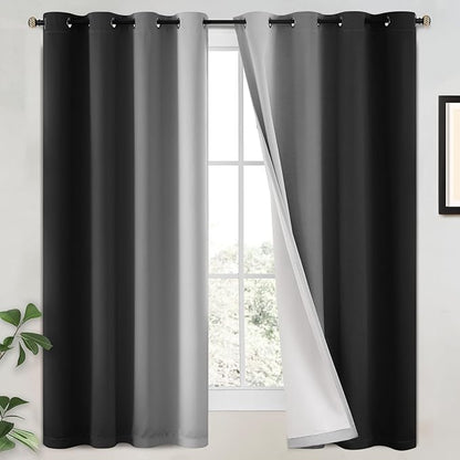 Yakamok 100% Blackout Curtains 63 Inch Length 2 Layers,Black Curtains for Bedroom Ombre Room Darkening Grommet Gradient Drapes,Light Blocking Thermal Insulated Window Curtains for Living Room