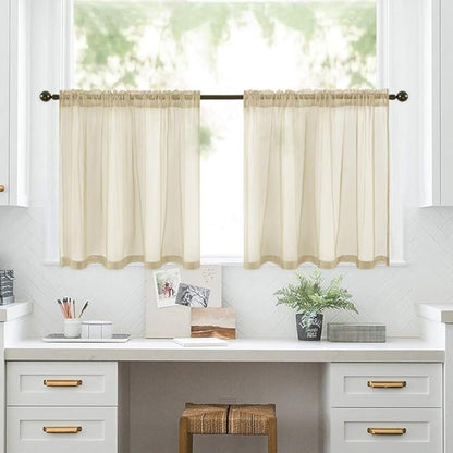 MIULEE Short Sheer Curtains 30 Inch Length for Kitchen Bathroom Cafe Half Window Treatment, Rod Pocket Tier Curtains 2 Panels, 29x30 Inches Long, Beige