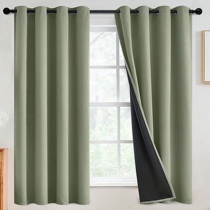 SimpleHome 100% Blackout Curtains for Bedroom,Thermal Insulated Light Sage Grommet Window Drapes Room Darkening Curtains for Living Room with Black Back,52 x 63 Inch,2 Panels