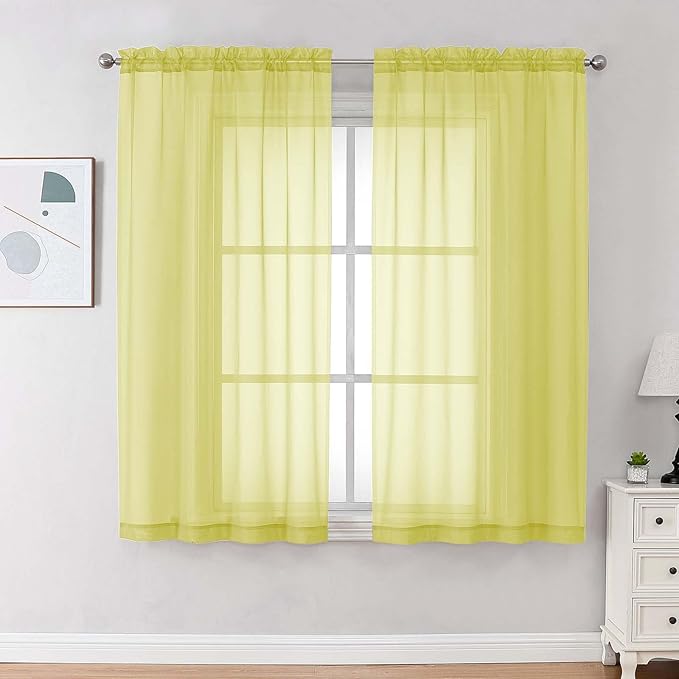 OVZME Sheer Curtains 63 inch Length 2 Panels Set for Bedroom Living Room, Soft Airy Elegant Light Filtering Sheer Curtains, Dual Rod Pocket Window Drapes, Each 42W x 63L Inches, Lemon