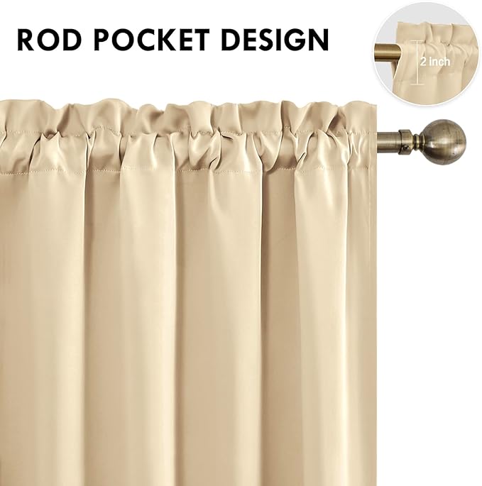 DWCN Beige Short Room Darkening Curtains for Kitchen/Bedroom, 42 x 36 inches Long - Energy Saving Window Drapes for Nursery with Rod Pocket, Set of 2 Panels
