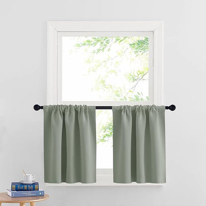 RYB HOME Cafe Blackout Curtains 24 inch Length, RV Curtains for Camper Windows, Mini Short Small Insulating Light UV Blocking Privacy Half Window Tiers, Width 29 by Length 24, Greyish Green, 2 Panels