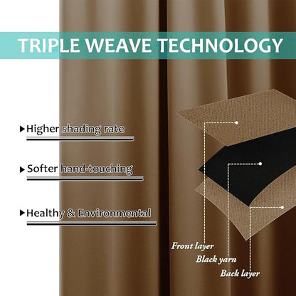 NICETOWN 100% Blackout Short Curtains with Black Liners, 2 Panels, 37" W by 60" L, Gold Brown, Solid Thermal Insulated Full Blackout 2-Layer Lined Drapes, Energy Efficiency Window Drapes for Bedroom