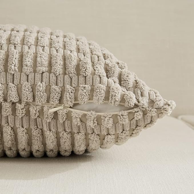 Fancy Homi Set of 4 Grey and White Decorative Throw Pillow Covers 12x12 Inch for Couch Bed Chair, Modern Farmhouse Boho Room Decor, Soft Fuzzy Double Sided Corduroy Textured Striped Cushion Case 30cm