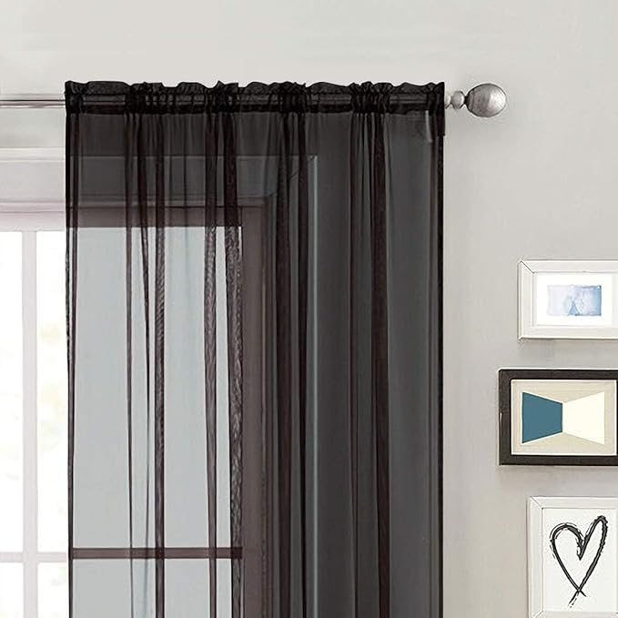 SpaceDresser Black Sheer Curtains 4 Panels Rod Pocket Semi-Sheer Curtain 90 Inches Long Light Filtering Voile Window Drapes for Bedroom Living Room Kitchen, Each 52W x 90L