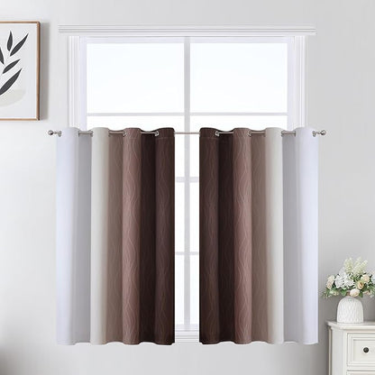 Estelar Textiler Brown and Greyish White Ombre Short Blackout Cafe Curtains 36 Inch Length, Thermal Insulated Grommet Small Half Window Drapes for Kitchen/Basement/RV Camper, 52Wx36L, 2 Panels