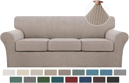 Turquoize 4 Piece Sofa Slipcover Sofa Covers for 3 Cushion Couch Soft Couch Cover for Dogs-Washable Sofa Furniture Covers with 3 Individual Cushion Covers,Feature Jacquard Fabric(3 Cushion Sofa, Sand)