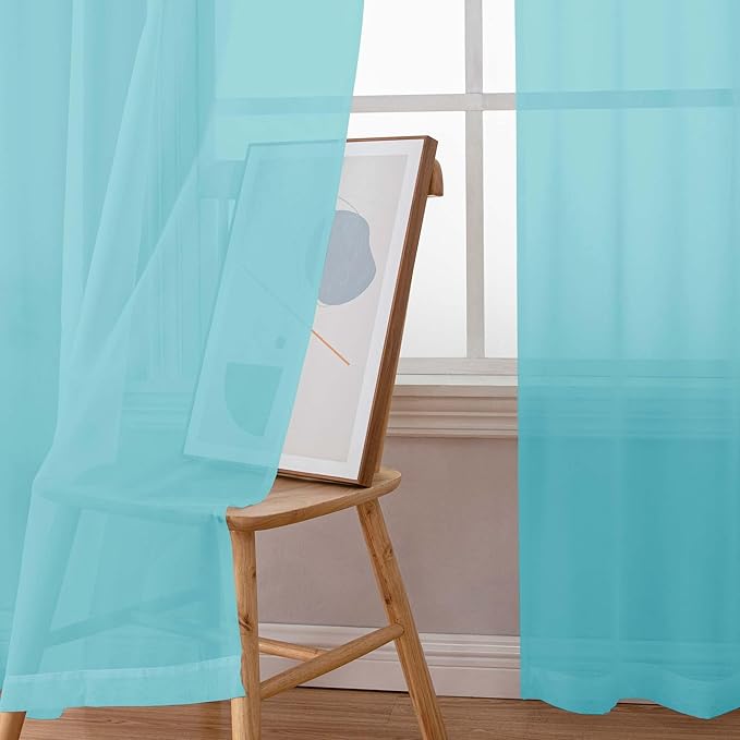 Simplebrand Aqua Short Sheer Curtains 45 Inch Length for Small Windows, Rod Pocket 2 Panels Set Solid Voile Drapes Window Sheer Curtains for Bedroom Bathroom Kids Room Kitchen, 42x45 Inch, Aqua