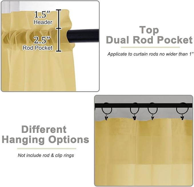 Sheer Curtains 63 Inch Length 2 Panels Set for Living Room Bedroom, Airy Soft Light Filtering Sheer Dining Room Curtains, Modern Rod Pocket Drapes, Yellow, Each 42" Wx63 L