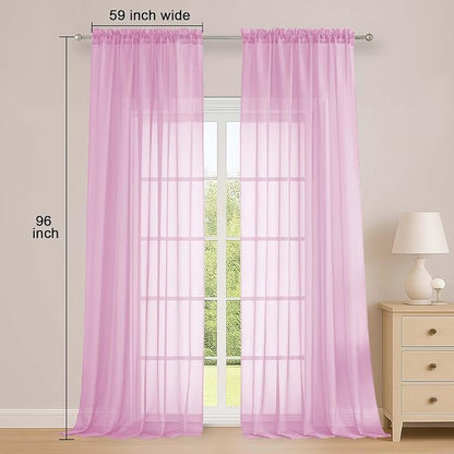 OWENIE Extra Long Pink Sheer Curtains 96 Inches Long 2 Panels Set, Soft Lightweight Airy Voile Sheer Curtain for Bedroom Living Room, Rod Pocket Solid Color Farmhouse Curtains, 59" Wx96 L Inch