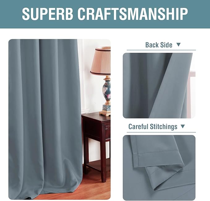H.VERSAILTEX Blue Curtains/Drapes Blackout for Bedroom Room Darkening Thermal Curtains for Living Room Noise Reducing Sound Proof Solid Grommet Curtain (One Panel, Stone Blue, 52" W x 90" L)
