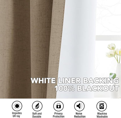 H.VERSAILTEX Linen Curtains 100% Blackout Curtains for Bedroom 96 inch Long Full Light Blocking Nature Linen Blended Window Curtains for Living Room Nickel Grommet (2 Panels, Heathered Macchiato)