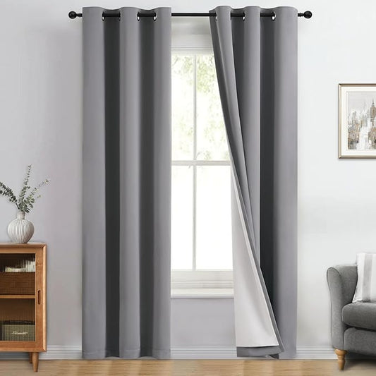 Yakamok 100% Blackout Curtain Panels 84 inches Cold and Light Blocking Drapes for Nursery, 2 Thick Layers Thermal Insulated Draperies (2 Pieces, 40 Wide Each Panel, Grey Front with White Backing)