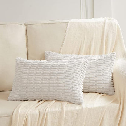 Fancy Homi 4 Packs Pure White Decorative Throw Pillow Covers 16x24 Inch for Living Room Couch Bed, Rustic Modern Farmhouse Boho Home Decor, Soft Plush Corduroy Cute Accent Square Cushion Case 40x60 cm
